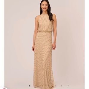 ART DECO BEADED BLOUSON DRESS WITH HALTER NECKLINE IN CHAMPAGNE GOLD